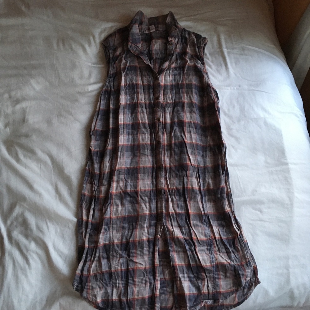Long Plaid Flannel Split Hem Sleeveless Button Up